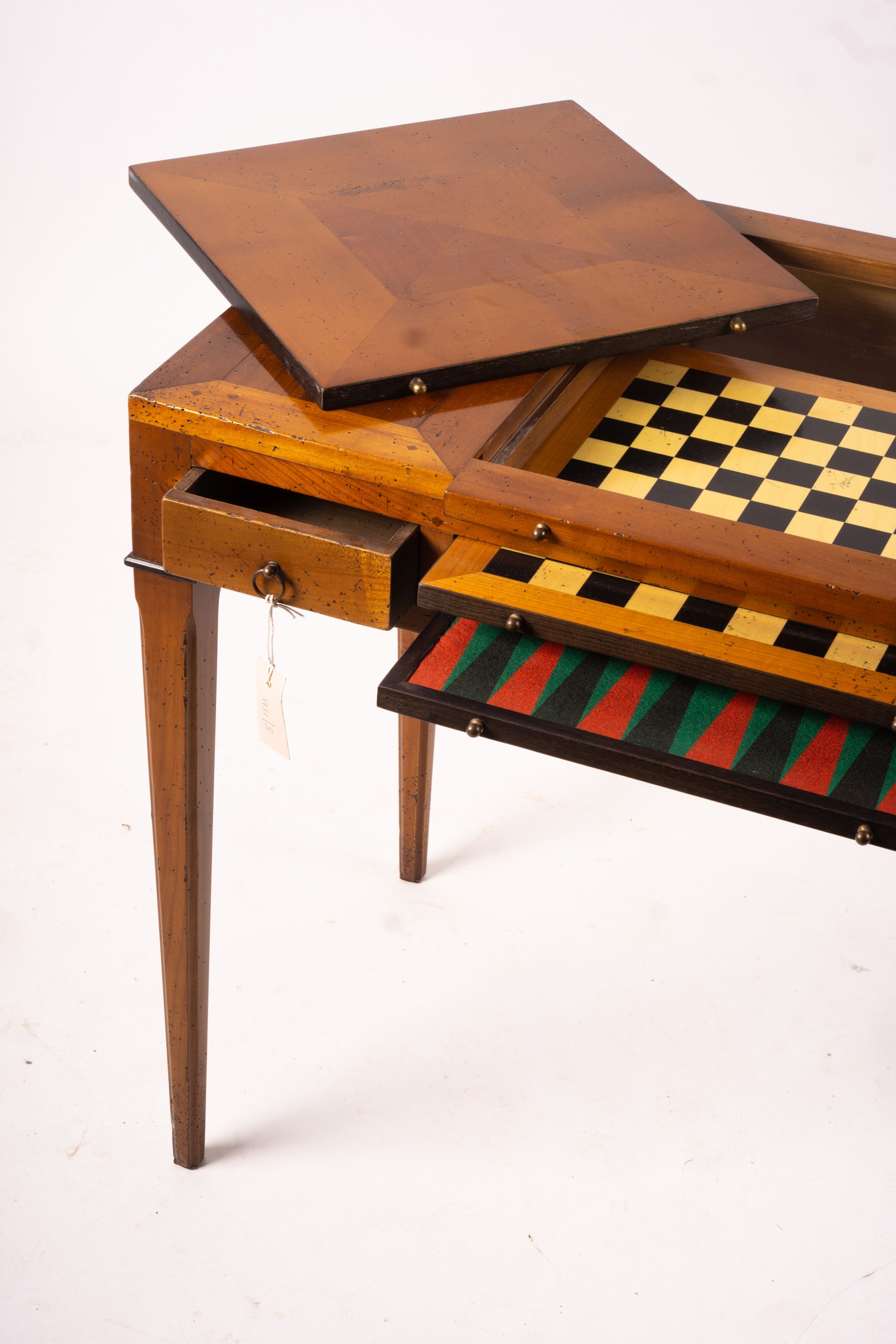 A George III style cherry wood games table with backgammon and chess interior, width 90cm, depth 50cm, height 75cm